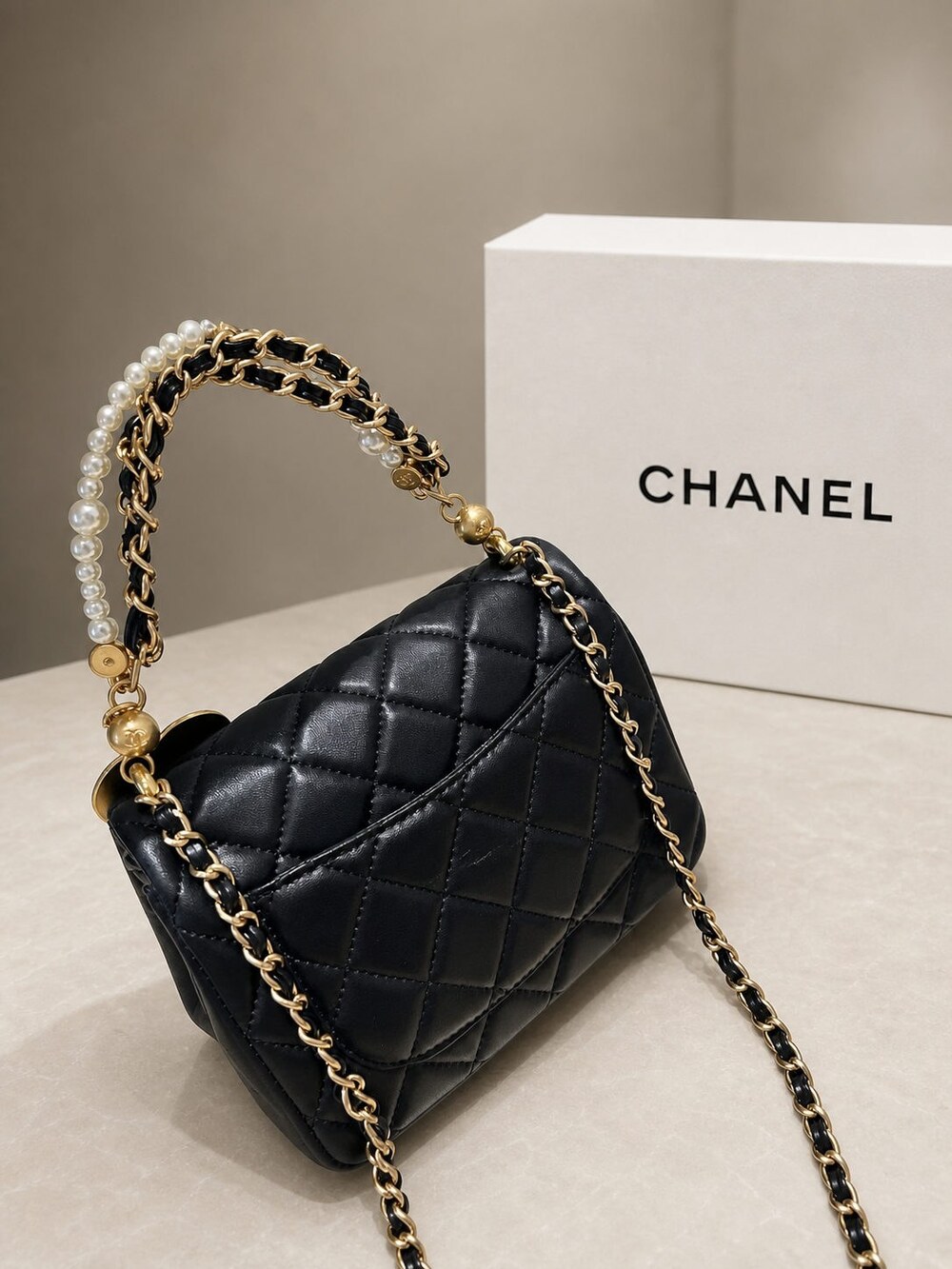 Chanel Mini Square Black Lambskin Pearl Chain Flap Bag - Picture 6 of 7